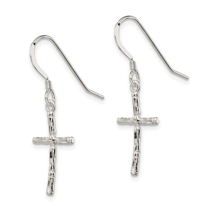Sterling Silver Polished & Textured Cross Dangle Earrings