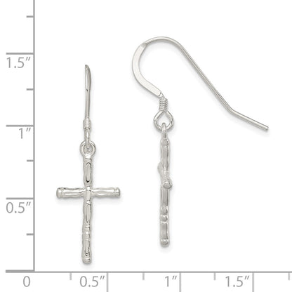Sterling Silver Polished & Textured Cross Dangle Earrings