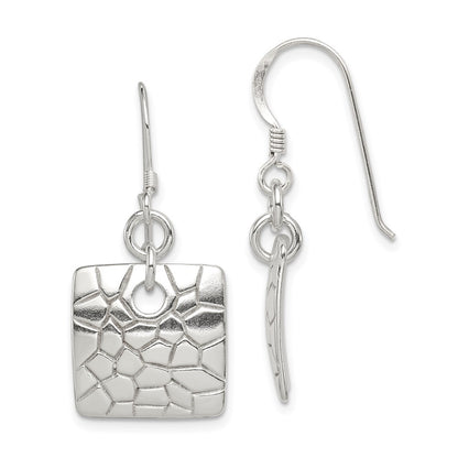 Sterling Silver Polished & Textured Fancy Square Dangle Earrings