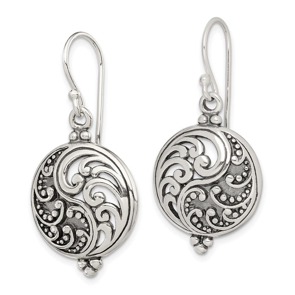 Sterling Silver Polished & Antiqued Filigree Yin And Yang Dangle Earrings