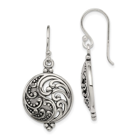 Sterling Silver Polished & Antiqued Filigree Yin And Yang Dangle Earrings