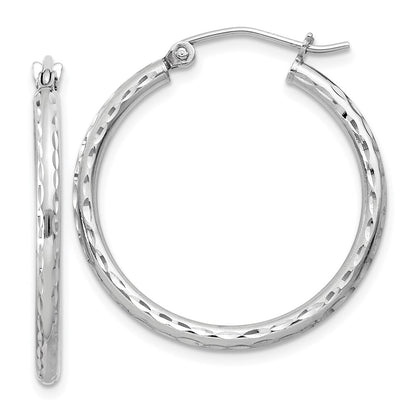 Sterling Silver Rhodium-Plated 2mm Diamond Cut Hoop Earrings