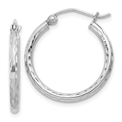 Sterling Silver Rhodium-Plated 2mm Diamond Cut Hoop Earrings