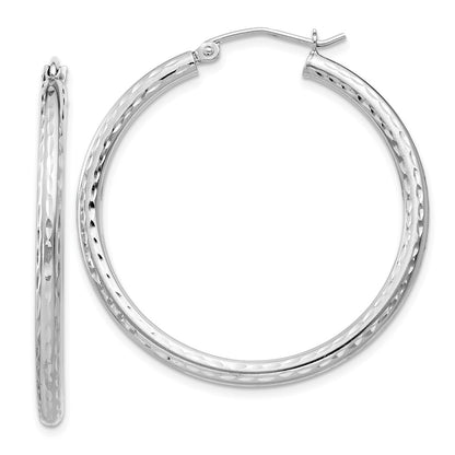 Sterling Silver Rhodium-Plated 2.5mm Diamond-Cut Hoop Earrings