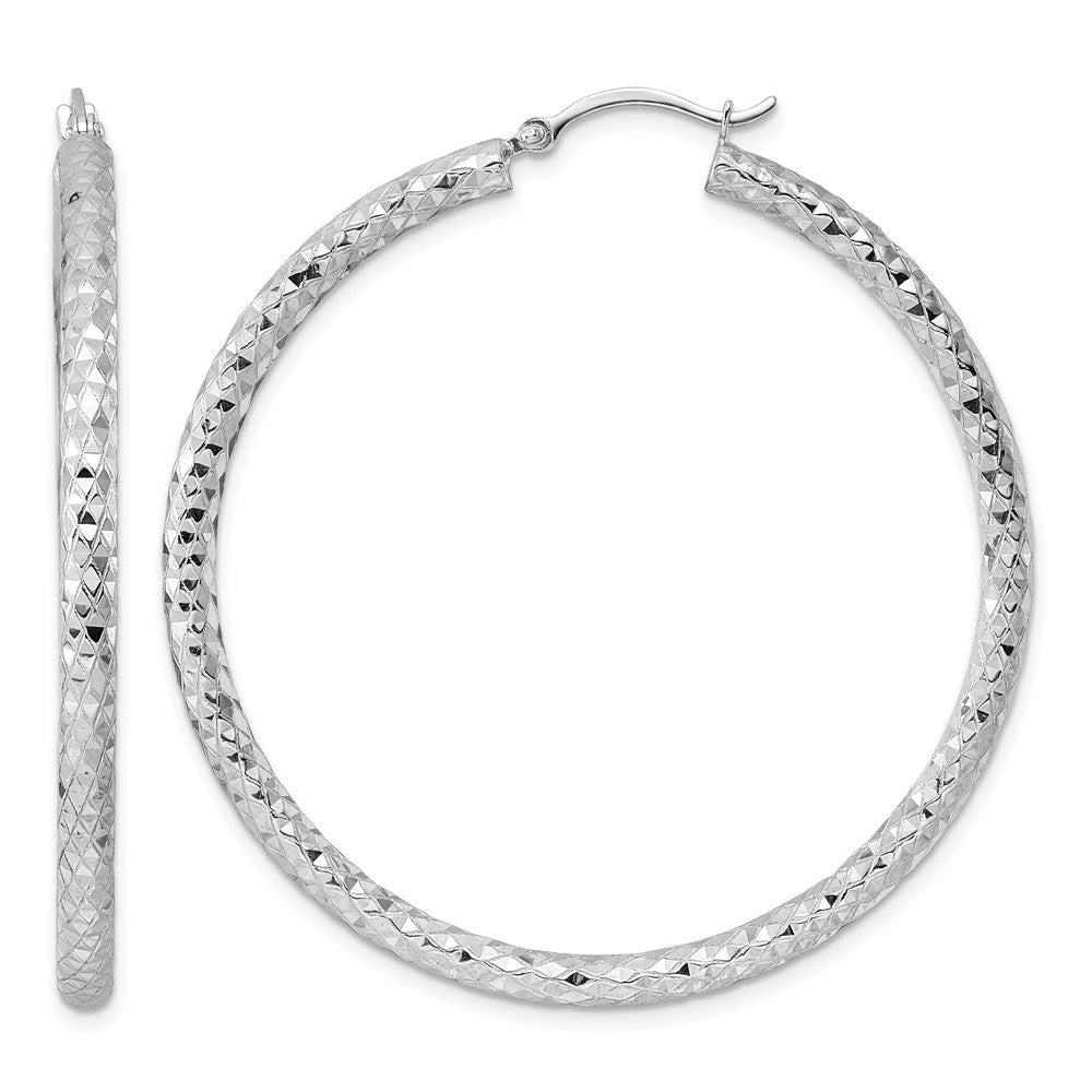 Sterling Silver Rhodium-Plated 3.00mm Diamond-Cut Hoop Earrings