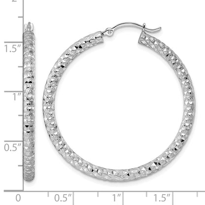 Sterling Silver Rhodium-Plated 3.00mm Diamond-Cut Hoop Earrings