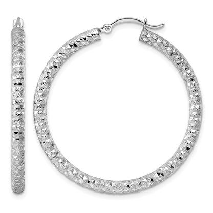 Sterling Silver Rhodium-Plated 3.00mm Diamond-Cut Hoop Earrings