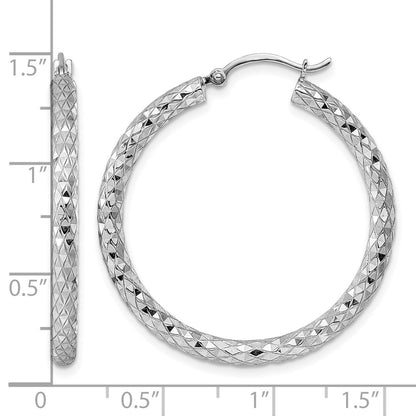 Sterling Silver Rhodium-Plated 3.00mm Diamond-Cut Hoop Earrings