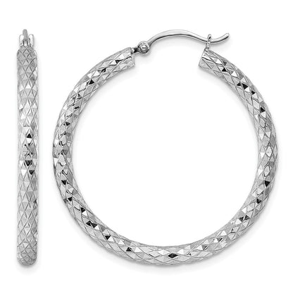Sterling Silver Rhodium-Plated 3.00mm Diamond-Cut Hoop Earrings