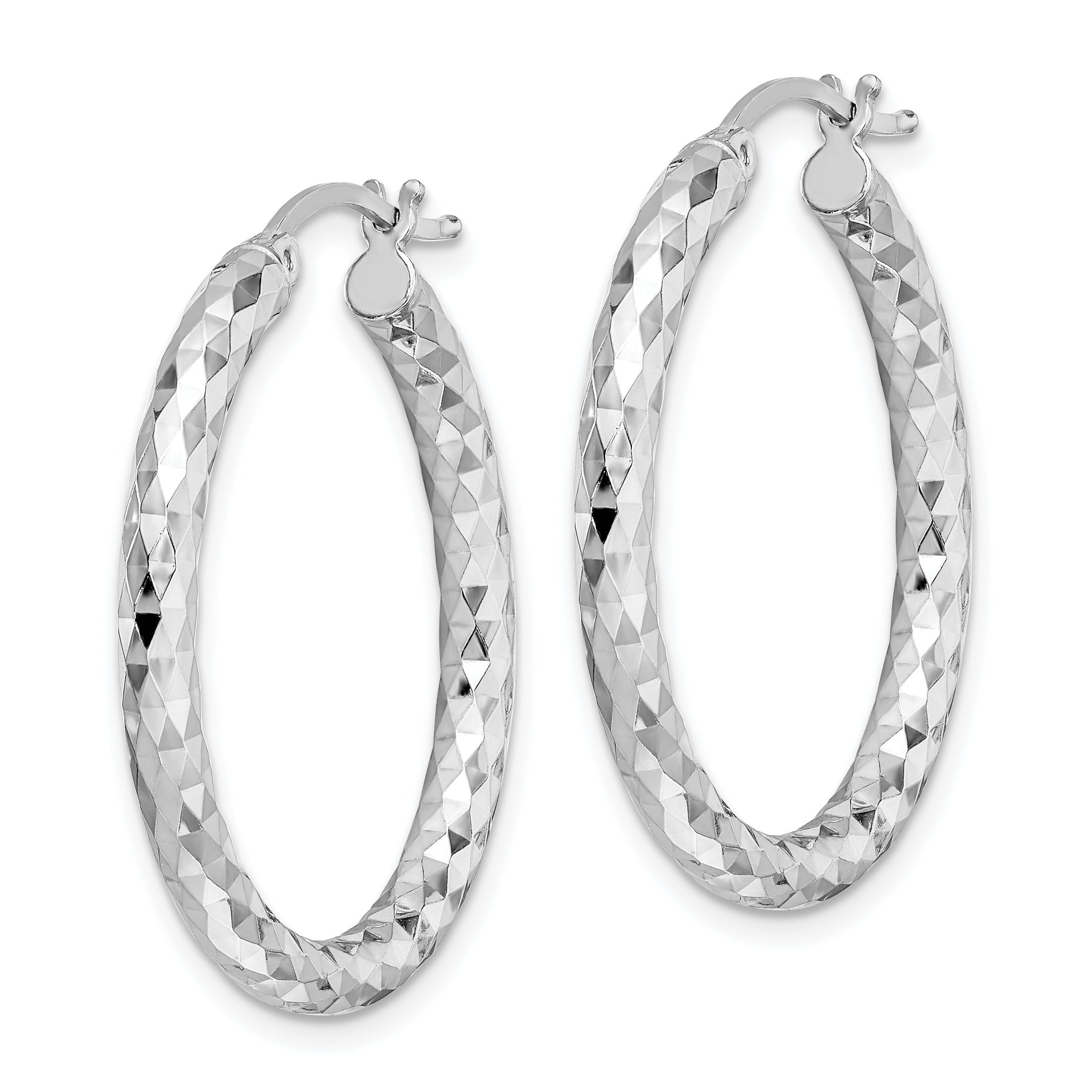 Sterling Silver Rhodium-Plated 3.00mm Diamond-Cut Hoop Earrings