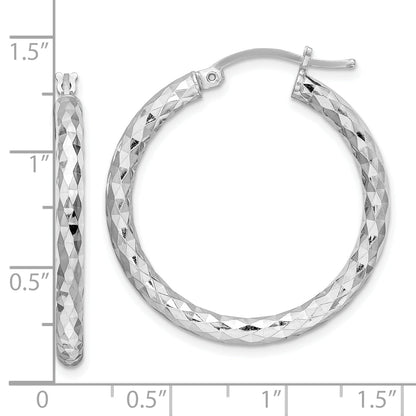 Sterling Silver Rhodium-Plated 3.00mm Diamond-Cut Hoop Earrings