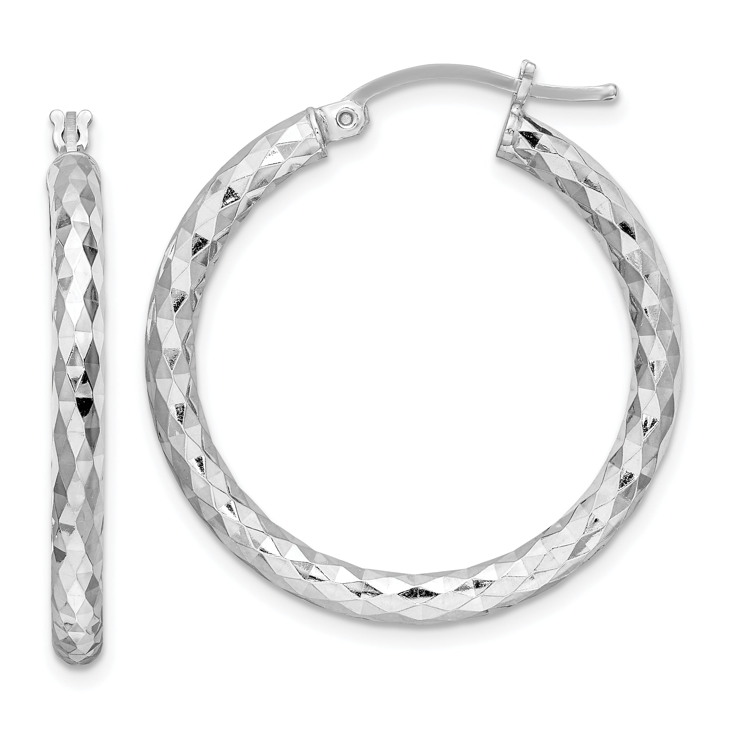Sterling Silver Rhodium-Plated 3.00mm Diamond-Cut Hoop Earrings