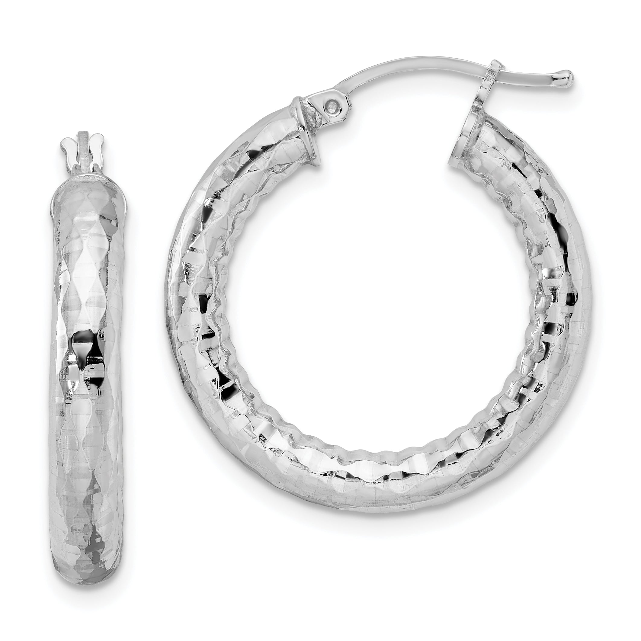 Sterling Silver Rhodium-Plated 4.00mm Diamond-Cut Hoop Earrings