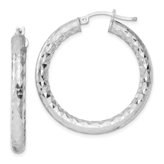 Sterling Silver Rhodium-Plated 4.00mm Diamond-Cut Hoop Earrings