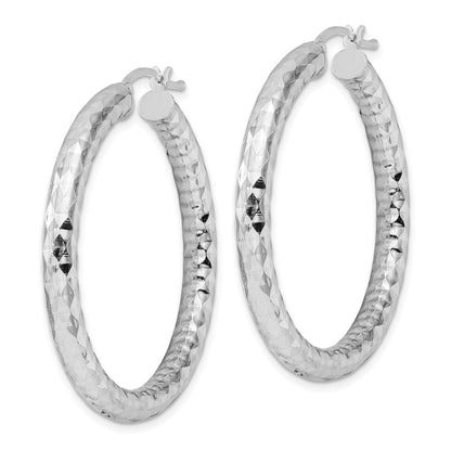 Sterling Silver Rhodium-Plated 4.00mm Diamond-Cut Hoop Earrings