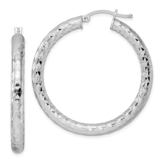 Sterling Silver Rhodium-Plated 4.00mm Diamond-Cut Hoop Earrings