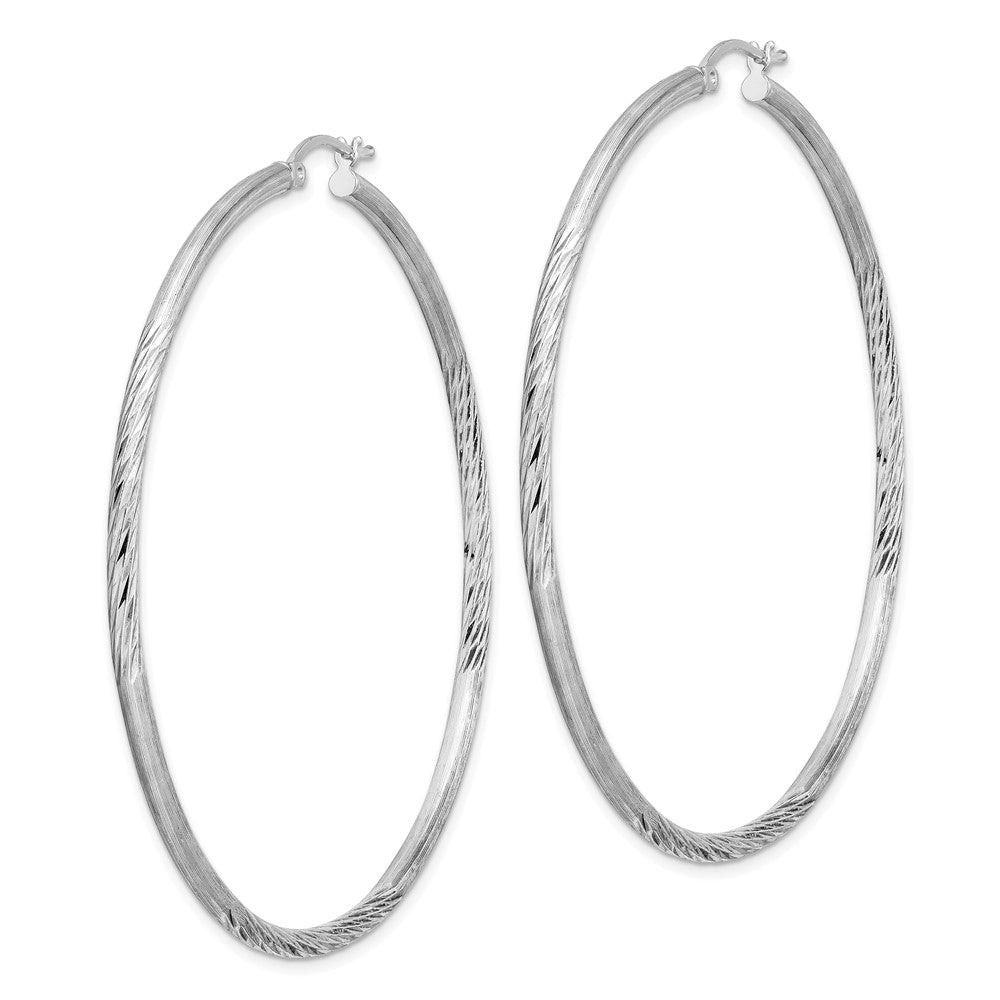Sterling Silver Rhod-Plated 2.5mm Polished/Satin Diamond-Cut Hoop Earrings
