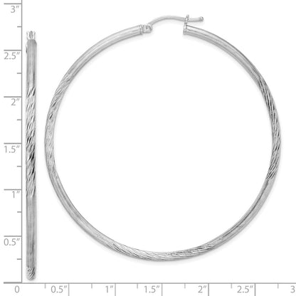 Sterling Silver Rhod-Plated 2.5mm Polished/Satin Diamond-Cut Hoop Earrings