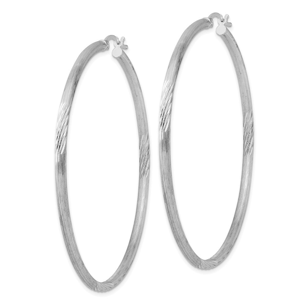 Sterling Silver Rhod-Plated 2.5mm Polished/Satin Diamond-Cut Hoop Earrings