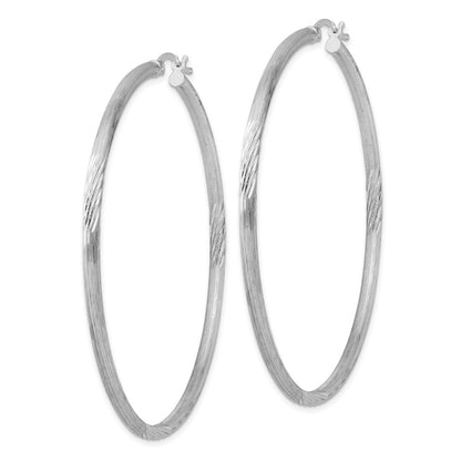 Sterling Silver Rhod-Plated 2.5mm Polished/Satin Diamond-Cut Hoop Earrings