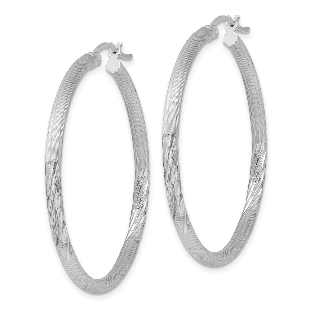 Sterling Silver Rhod-Plated 2.5mm Polished/Satin Diamond-Cut Hoop Earrings