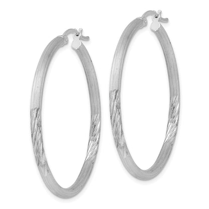 Sterling Silver Rhod-Plated 2.5mm Polished/Satin Diamond-Cut Hoop Earrings