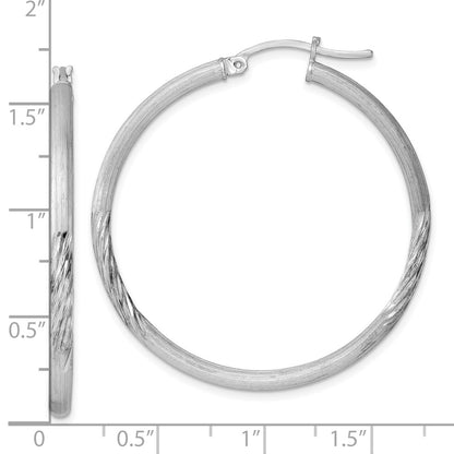 Sterling Silver Rhod-Plated 2.5mm Polished/Satin Diamond-Cut Hoop Earrings