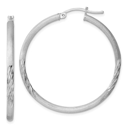 Sterling Silver Rhod-Plated 2.5mm Polished/Satin Diamond-Cut Hoop Earrings