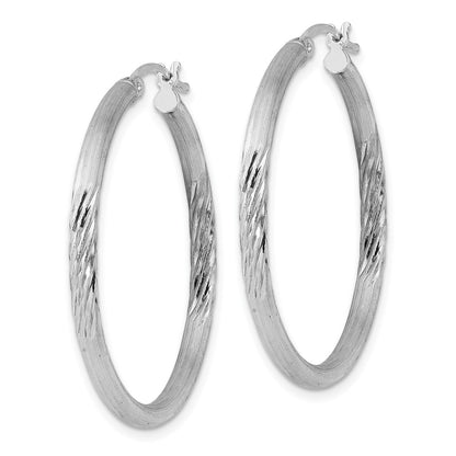 Sterling Silver Rhod-Plated 2.5mm Polished/Satin Diamond-Cut Hoop Earrings