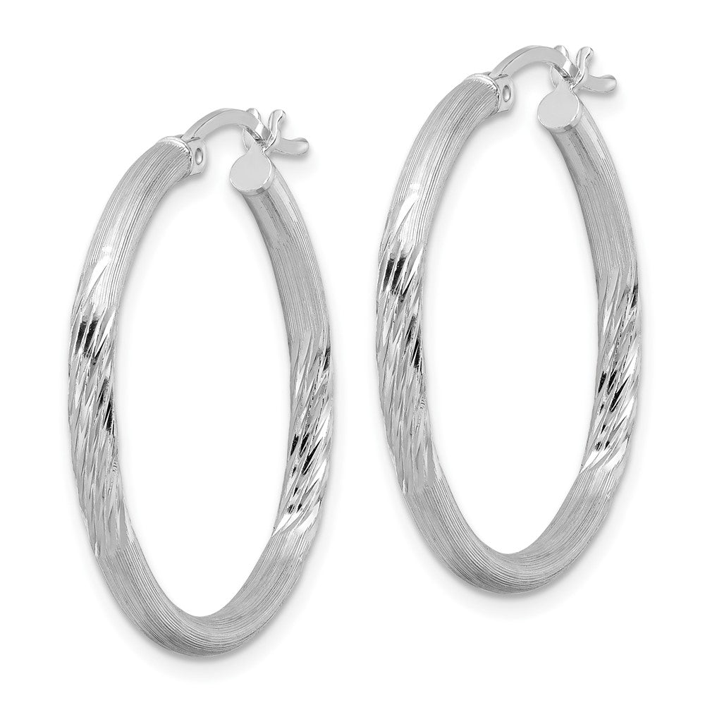 Sterling Silver Rhod-Plated 2.5mm Polished/Satin Diamond-Cut Hoop Earrings