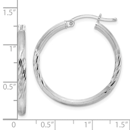 Sterling Silver Rhod-Plated 2.5mm Polished/Satin Diamond-Cut Hoop Earrings