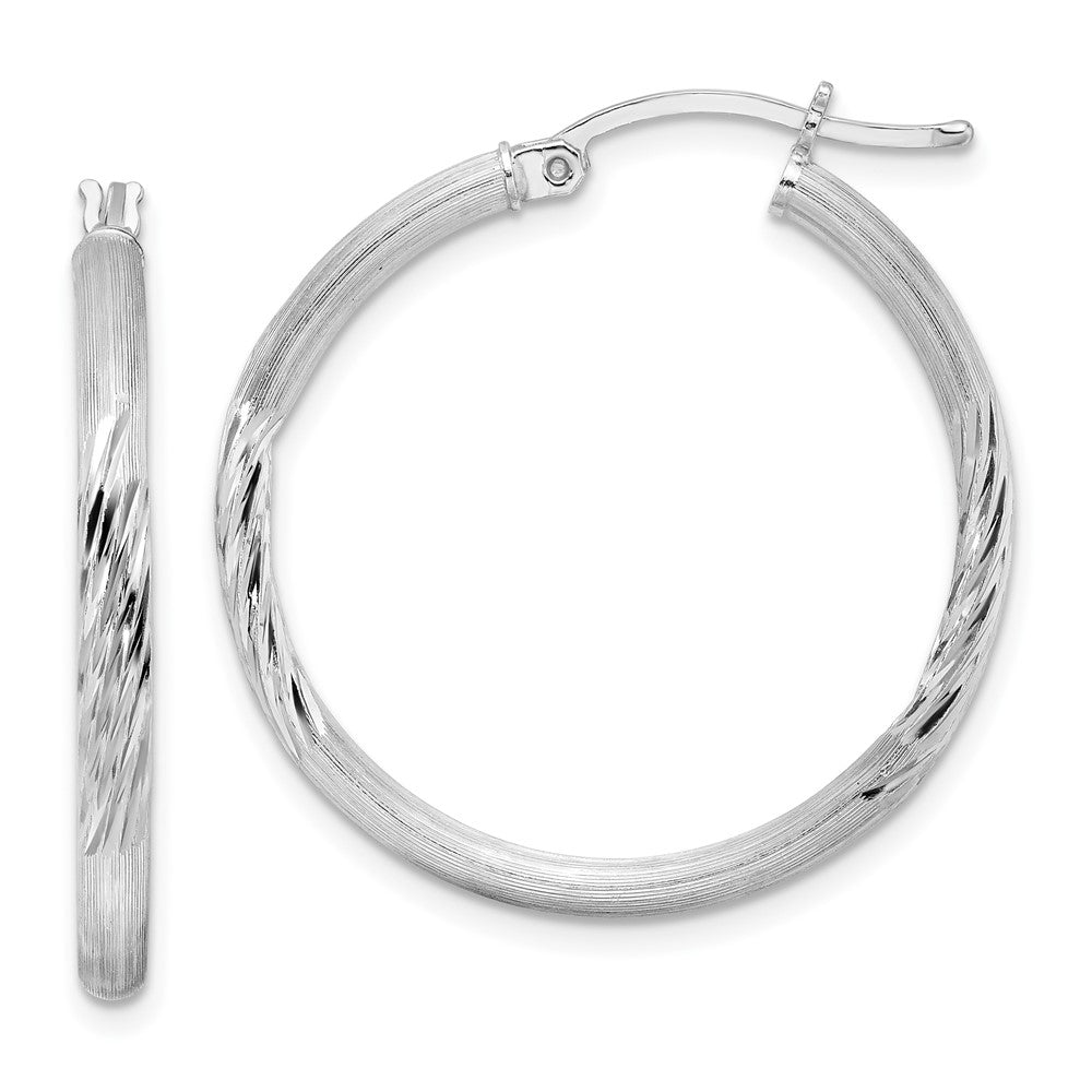 Sterling Silver Rhod-Plated 2.5mm Polished/Satin Diamond-Cut Hoop Earrings