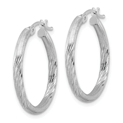 Sterling Silver Rhod-Plated 2.5mm Polished/Satin Diamond-Cut Hoop Earrings
