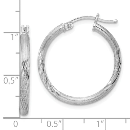 Sterling Silver Rhod-Plated 2.5mm Polished/Satin Diamond-Cut Hoop Earrings