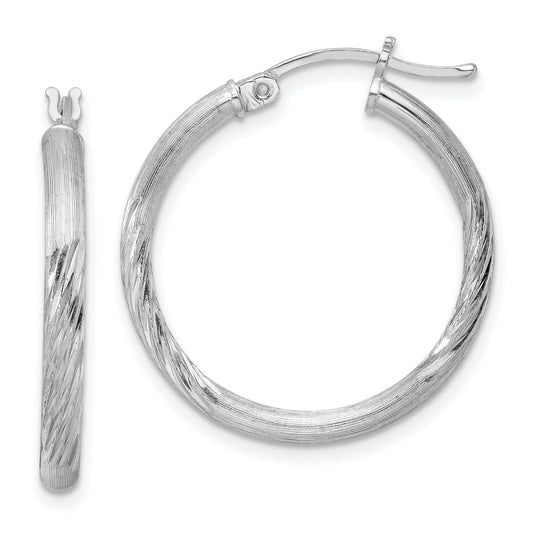 Sterling Silver Rhod-Plated 2.5mm Polished/Satin Diamond-Cut Hoop Earrings