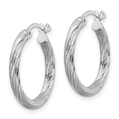 Sterling Silver Rhod-Plated 2.5mm Polished/Satin Diamond-Cut Hoop Earrings
