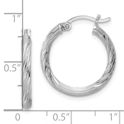 Sterling Silver Rhod-Plated 2.5mm Polished/Satin Diamond-Cut Hoop Earrings