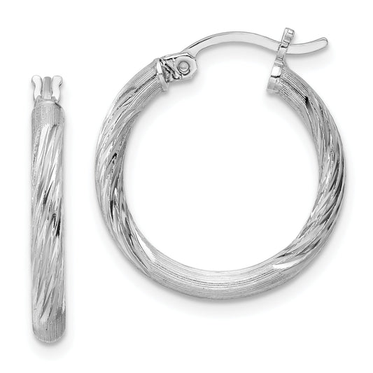 Sterling Silver Rhod-Plated 2.5mm Polished/Satin Diamond-Cut Hoop Earrings