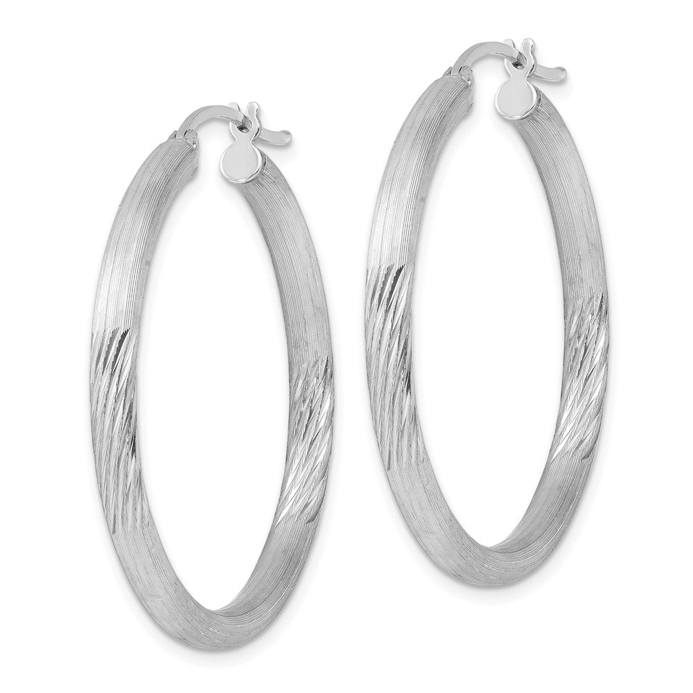 Sterling Silver Rhodium-Plated 3mm Polished/Satin Diamond-Cut Hoop Earrings