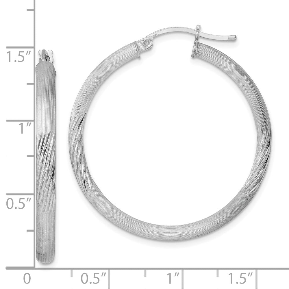 Sterling Silver Rhodium-Plated 3mm Polished/Satin Diamond-Cut Hoop Earrings