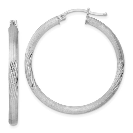Sterling Silver Rhodium-Plated 3mm Polished/Satin Diamond-Cut Hoop Earrings