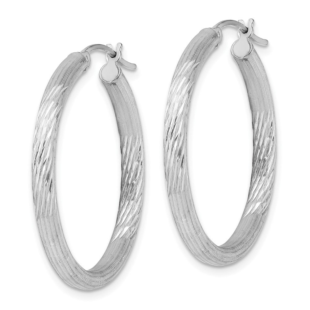 Sterling Silver Rhodium-Plated 3mm Polished/Satin Diamond-Cut Hoop Earrings
