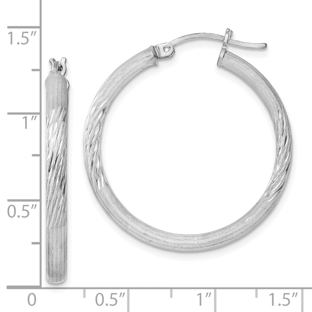 Sterling Silver Rhodium-Plated 3mm Polished/Satin Diamond-Cut Hoop Earrings