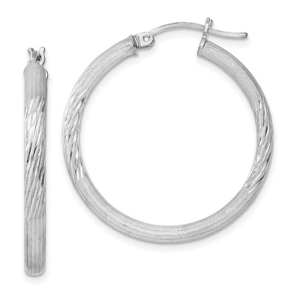 Sterling Silver Rhodium-Plated 3mm Polished/Satin Diamond-Cut Hoop Earrings