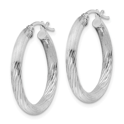 Sterling Silver Rhodium-Plated 3mm Polished/Satin Diamond-Cut Hoop Earrings
