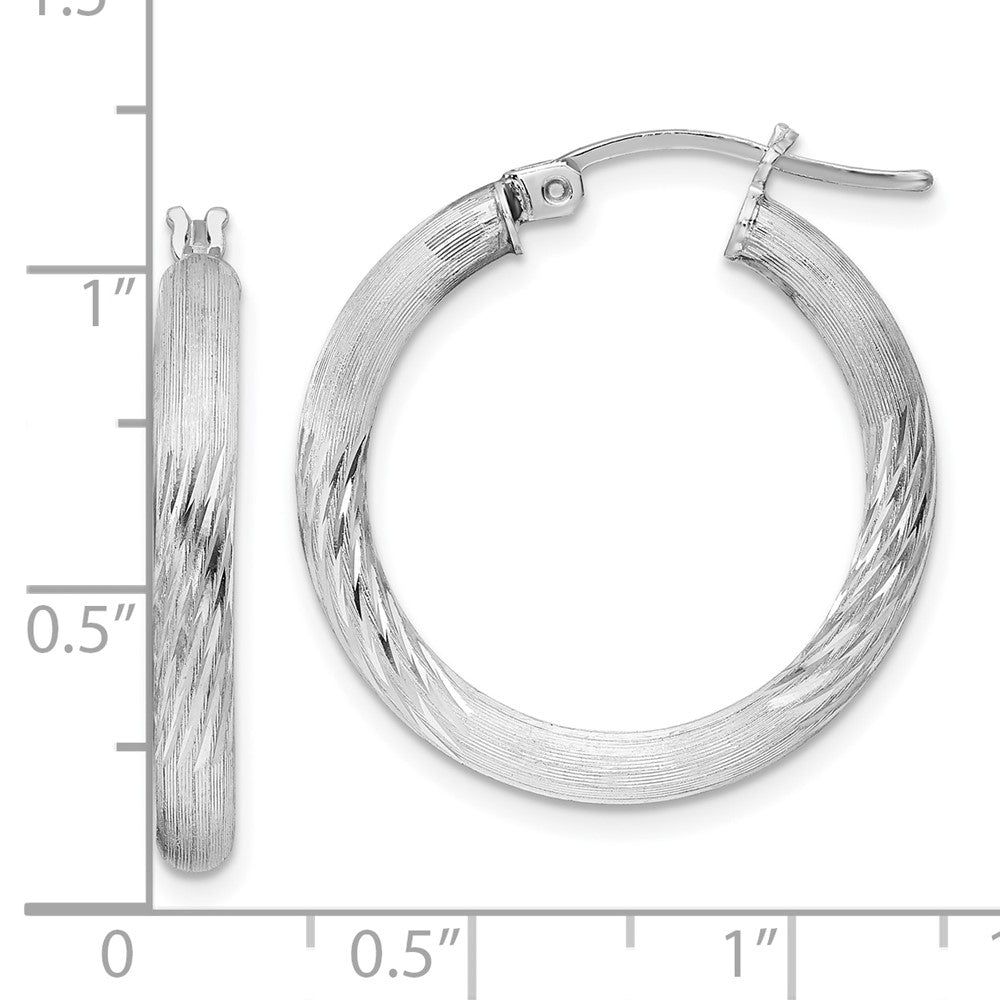 Sterling Silver Rhodium-Plated 3mm Polished/Satin Diamond-Cut Hoop Earrings