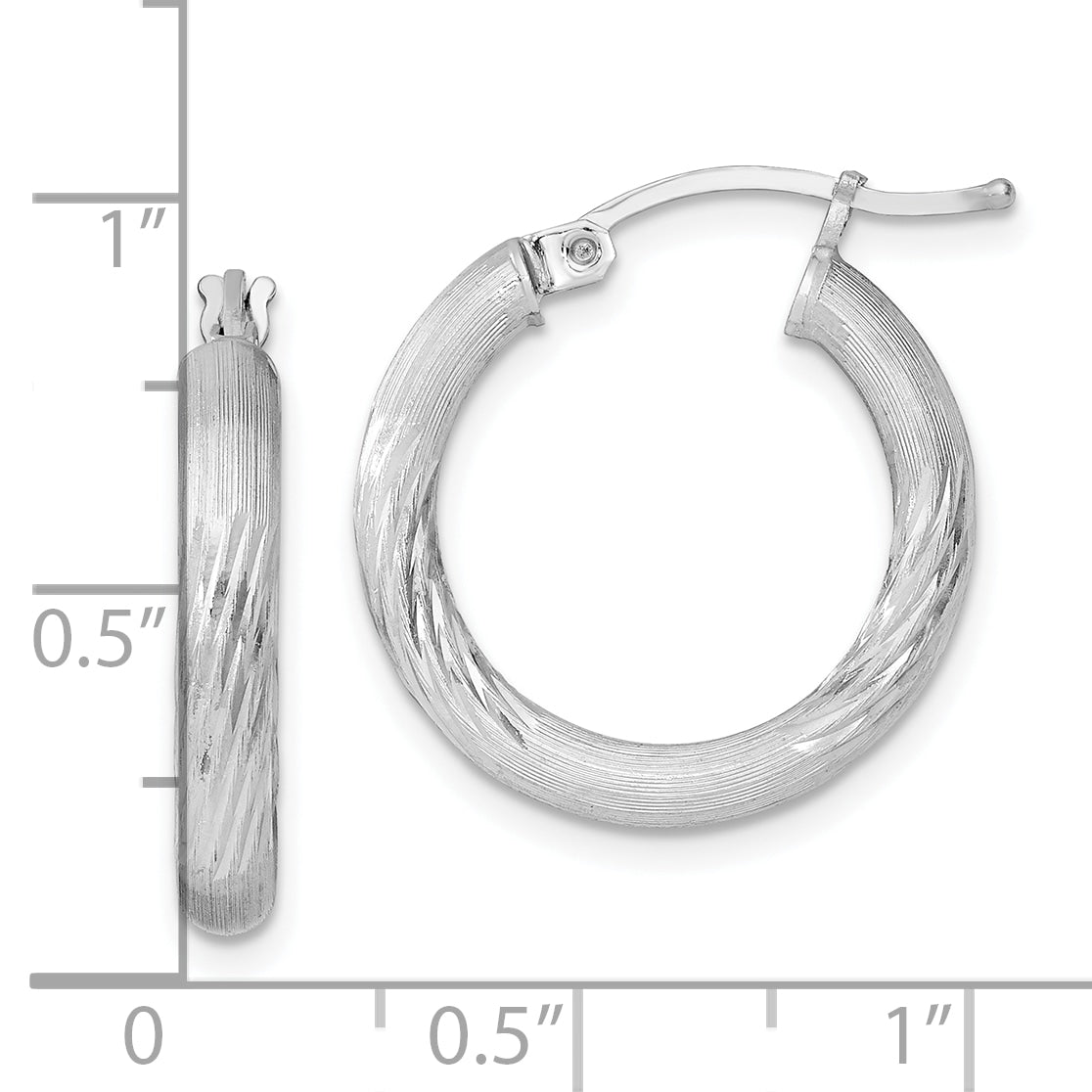 Sterling Silver Rhodium-Plated 3mm Polished/Satin Diamond-Cut Hoop Earrings