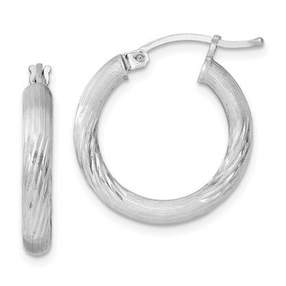 Sterling Silver Rhodium-Plated 3mm Polished/Satin Diamond-Cut Hoop Earrings