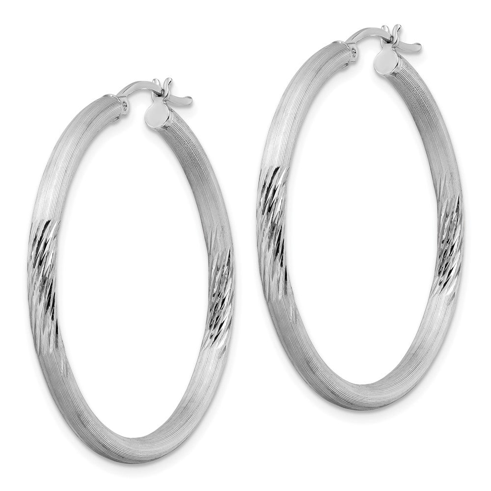 Sterling Silver Rhodium-Plated 3mm Polished/Satin Diamond-Cut Hoop Earrings