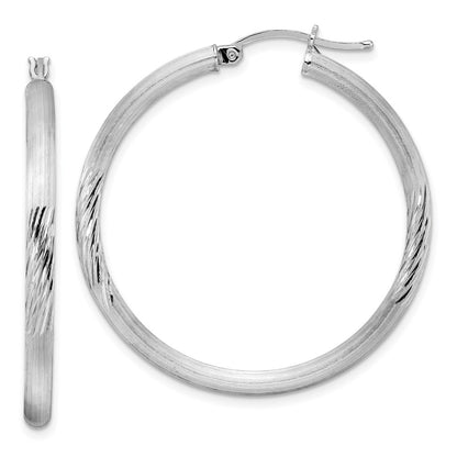 Sterling Silver Rhodium-Plated 3mm Polished/Satin Diamond-Cut Hoop Earrings